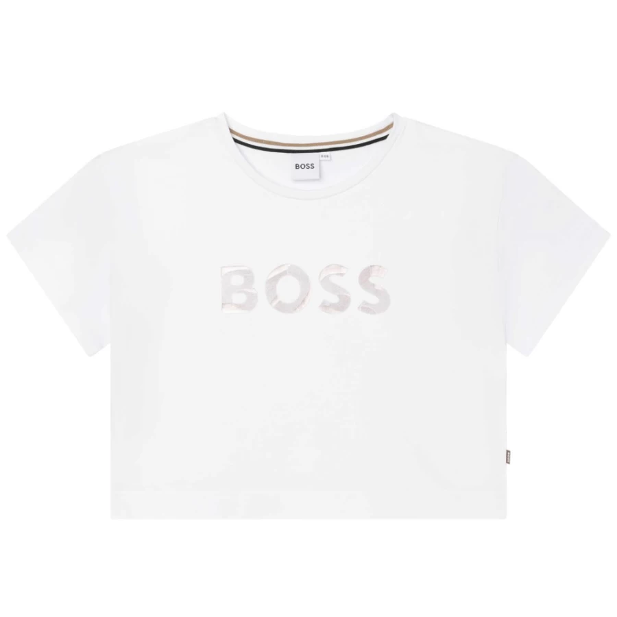 BOSS Girls' White Short-Sleeved Cotton T-Shirt for Kids