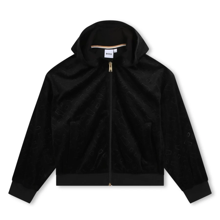 BOSS Black Velvet Hooded Cardigan for Girls - Luxurious & Stylish