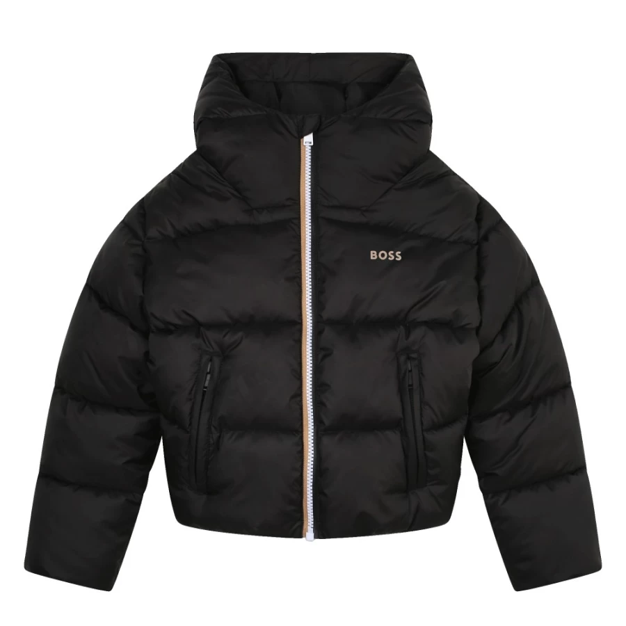BOSS Girls' Black Zip-Up Hooded Puffer Jacket