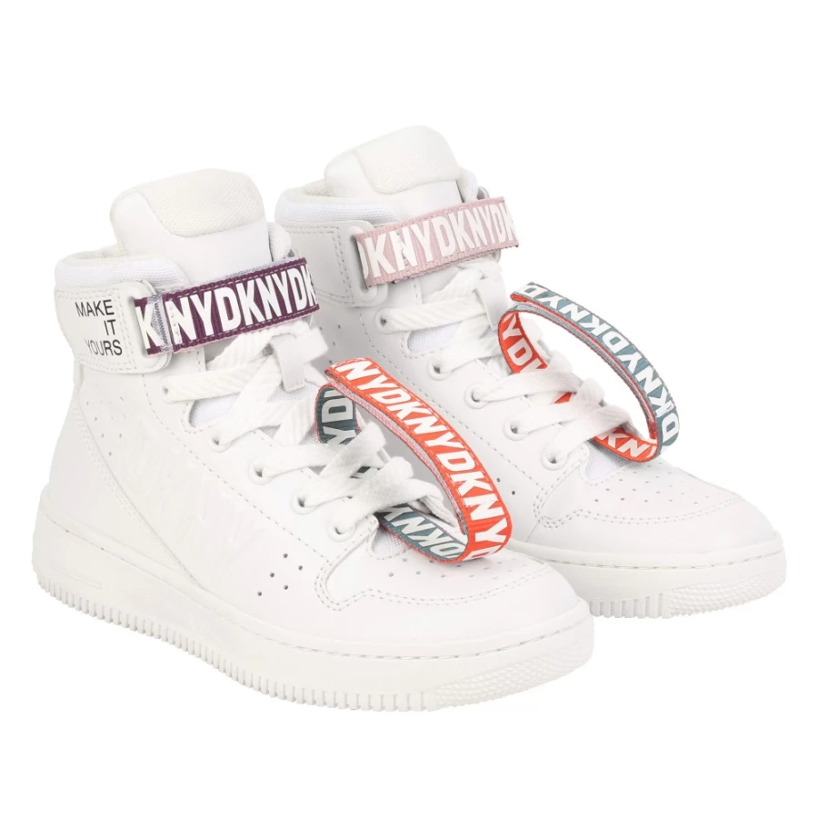 DKNY White Leather Lace-Up Trainers for Girls - Stylish Comfortable Sneakers