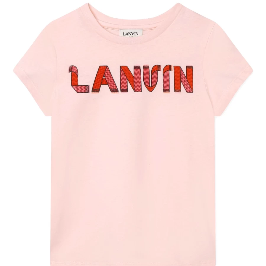 LANVIN Girls Lace-Style Printed T-Shirt in Washed Pink - Floral Design Fashion Tee