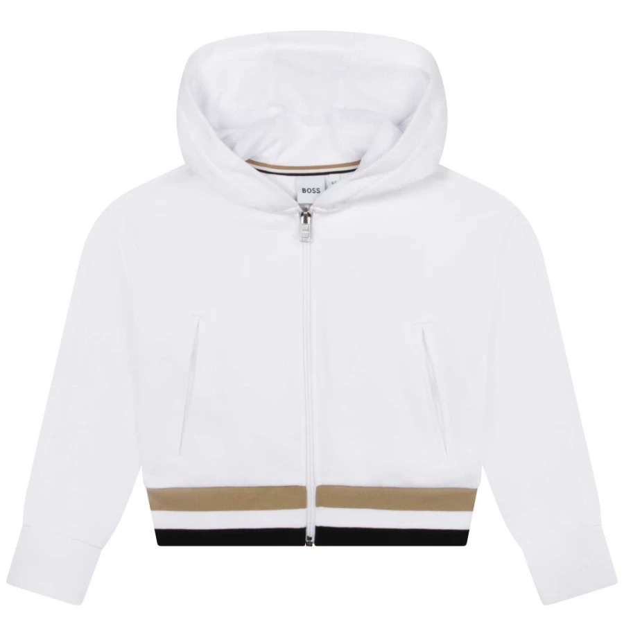BOSS Girls' White Hooded Zip-Up Cardigan Sweater