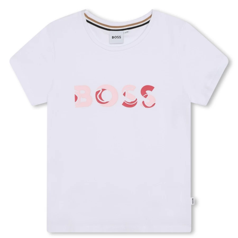 BOSS Girls' White Short-Sleeve Cotton T-Shirt - Classic Casual Tee for Kids