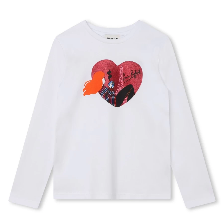 SONIA RYKIEL Girls' White Long-Sleeved Cotton T-Shirt for Kids