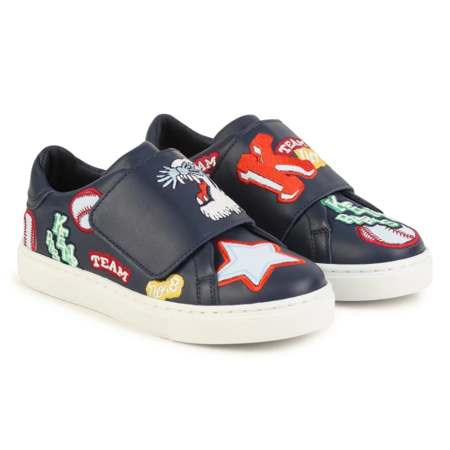 KENZO KIDS Navy Embroidered Velcro Sneakers for Girls - Stylish & Comfortable Training Shoes