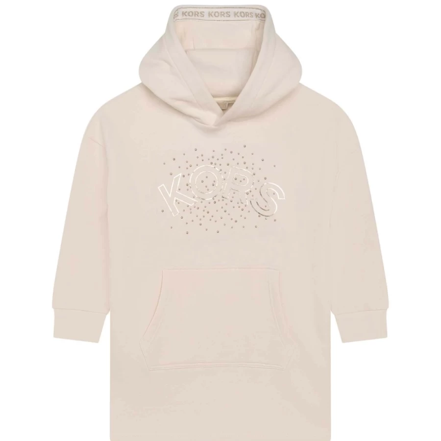 MICHAEL KORS Girls Cream Hooded Fleece Dress - Soft Warm Winter Pullover Dress for Kids