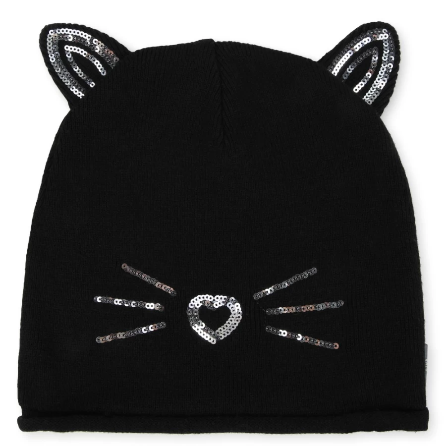 KARL LAGERFELD KIDS Black Knitted Cat Hat for Girls - Stylish Feline Design