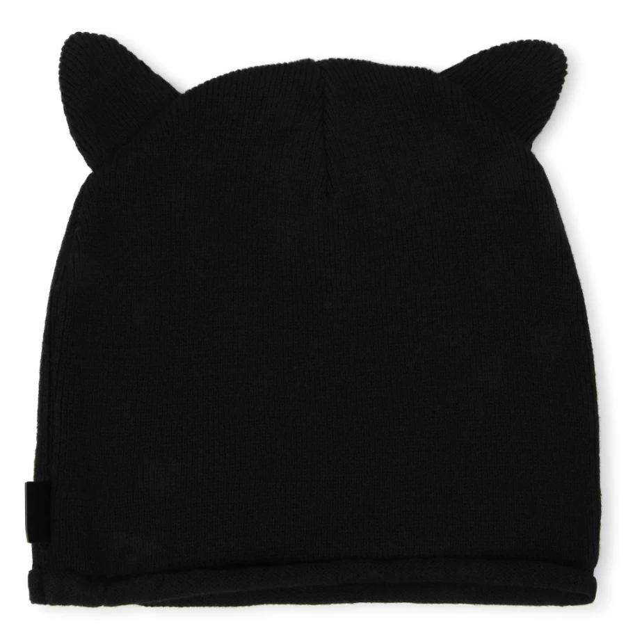 KARL LAGERFELD KIDS Black Knitted Cat Hat for Girls - Stylish Feline Design