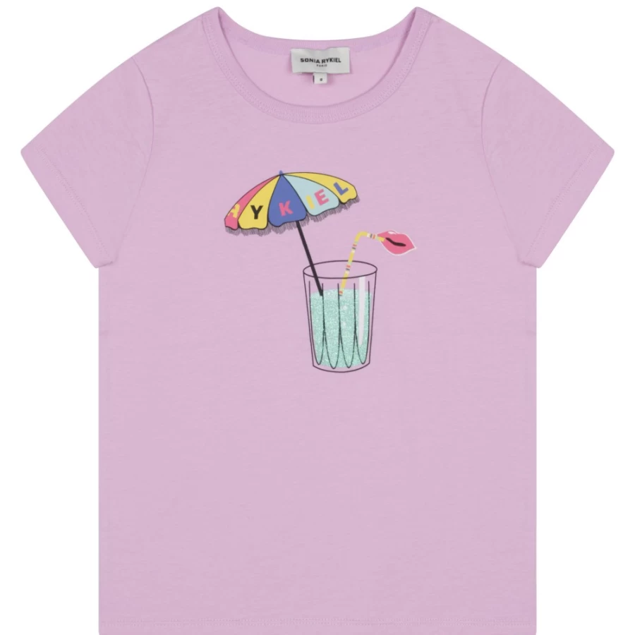 SONIA RYKIEL Girls Lilac Short-Sleeved Cotton T-Shirt for Casual Wear