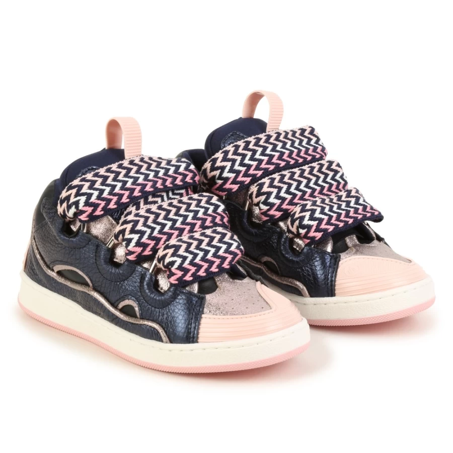 LANVIN Navy Lace-Up Leather Trainers for Girls - Stylish Comfort & Durability
