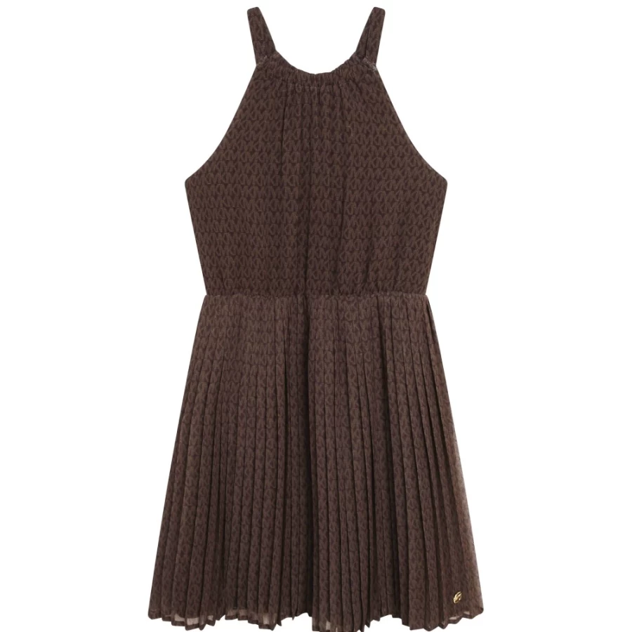MICHAEL KORS Girls Chocolate Brown Pleated Midi Dress with Adjustable Straps