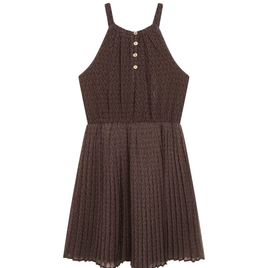 MICHAEL KORS Girls Chocolate Brown Pleated Midi Dress with Adjustable Straps