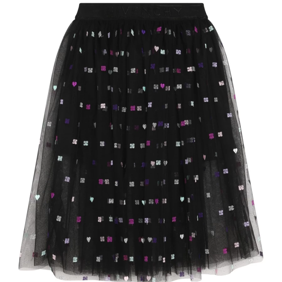 GIVENCHY Black Embroidered Tulle Skirt for Girls - Elegant Floral Design Formal Wear