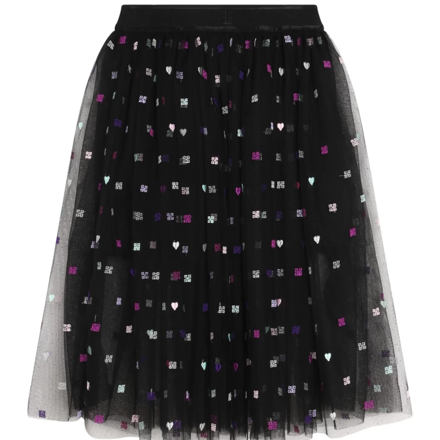 GIVENCHY Black Embroidered Tulle Skirt for Girls - Elegant Floral Design Formal Wear