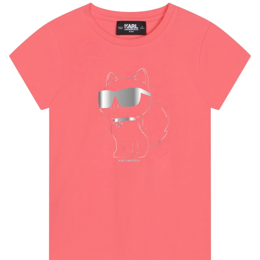 KARL LAGERFELD KIDS Girls' Tomato Red Short-Sleeved Cotton T-Shirt for Kids
