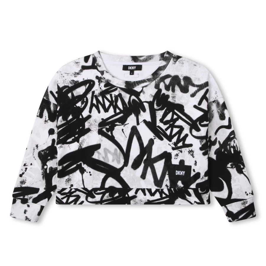 DKNY Girls' Printed Fleece Sweatshirt - White & Black Cozy Pullover