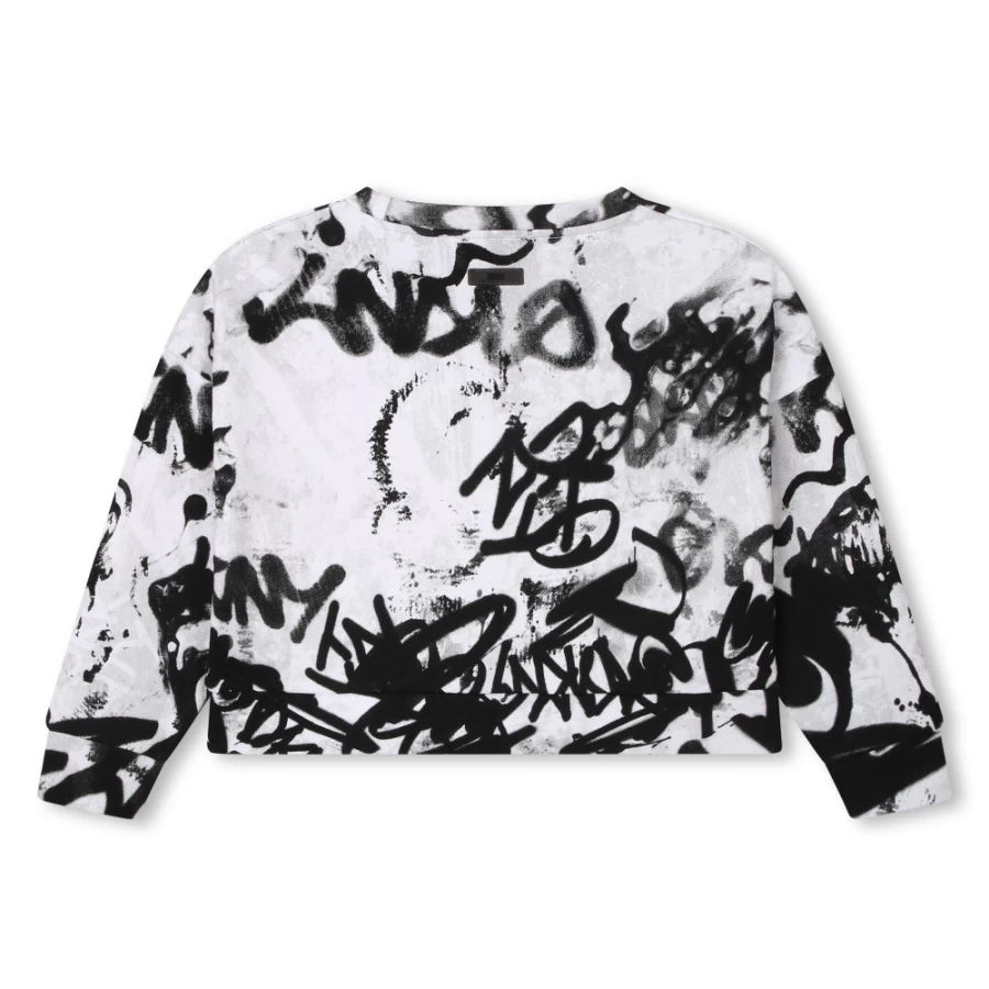DKNY Girls' Printed Fleece Sweatshirt - White & Black Cozy Pullover