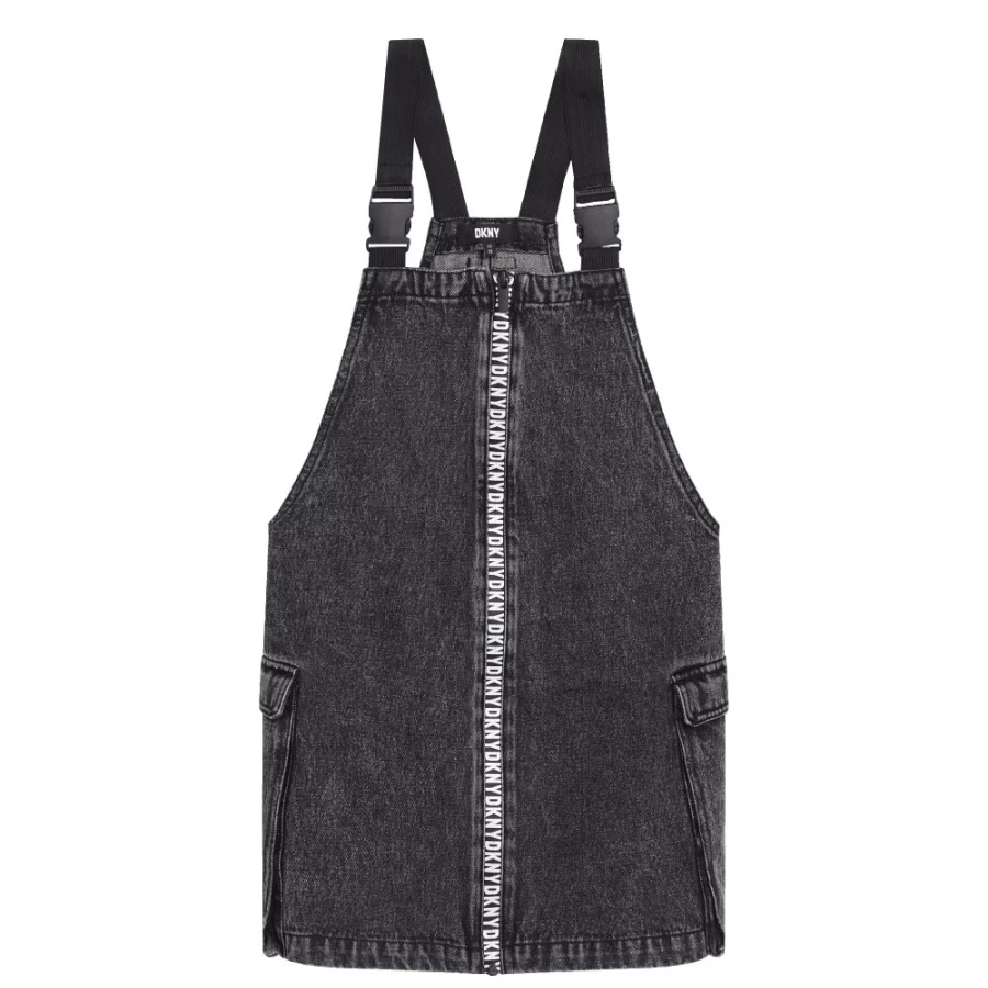 DKNY Black Lava Denim Dungaree Dress for Girls - Stylish Denim Overalls for Kids
