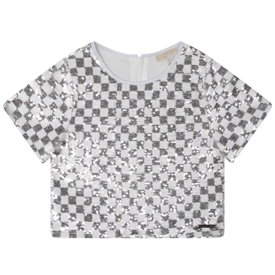 MICHAEL KORS Grey White Sequinned Checkered Blouse for Girls