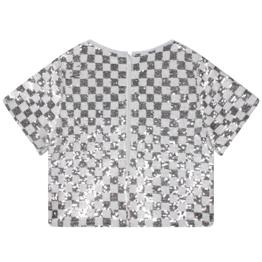 MICHAEL KORS Grey White Sequinned Checkered Blouse for Girls