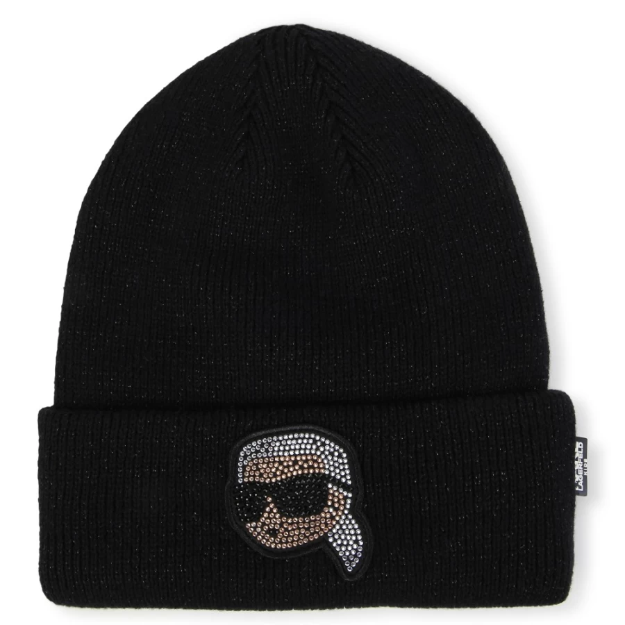 KARL LAGERFELD KIDS Black Rhinestone Hat for Girls - Sparkling Patch Design