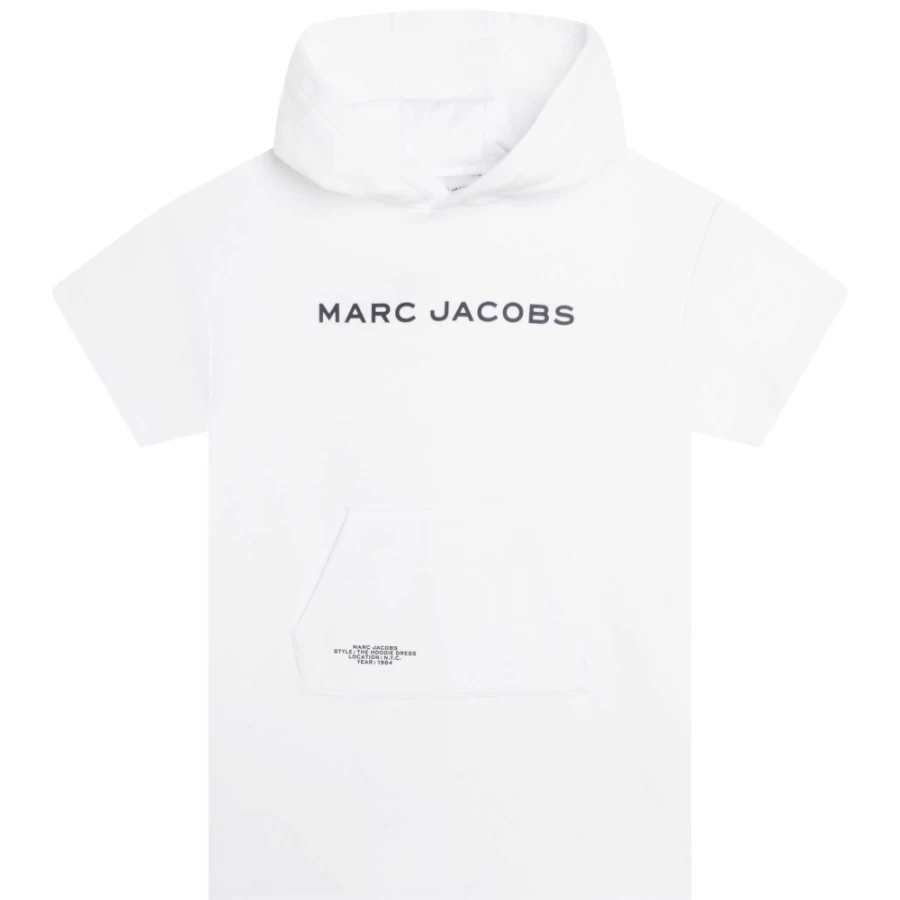 MARC JACOBS Girls White Hooded Fleece Dress - Cozy Winter Pullover Hoodie Dress for Kids