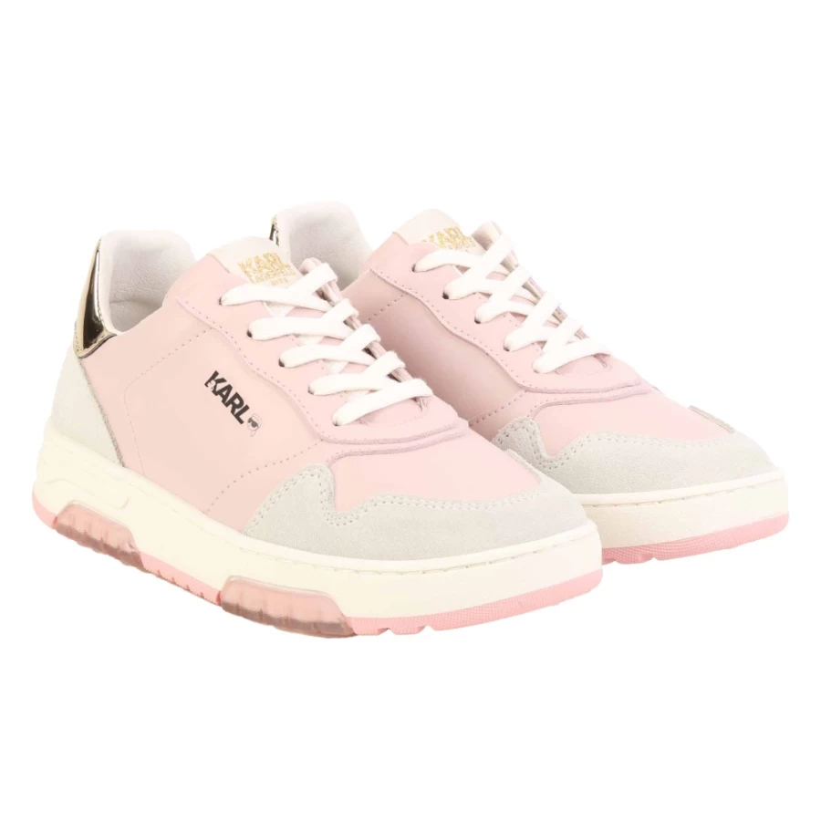 KARL LAGERFELD KIDS Pink Lace-Up Leather Trainers for Girls - Stylish Comfort Shoes