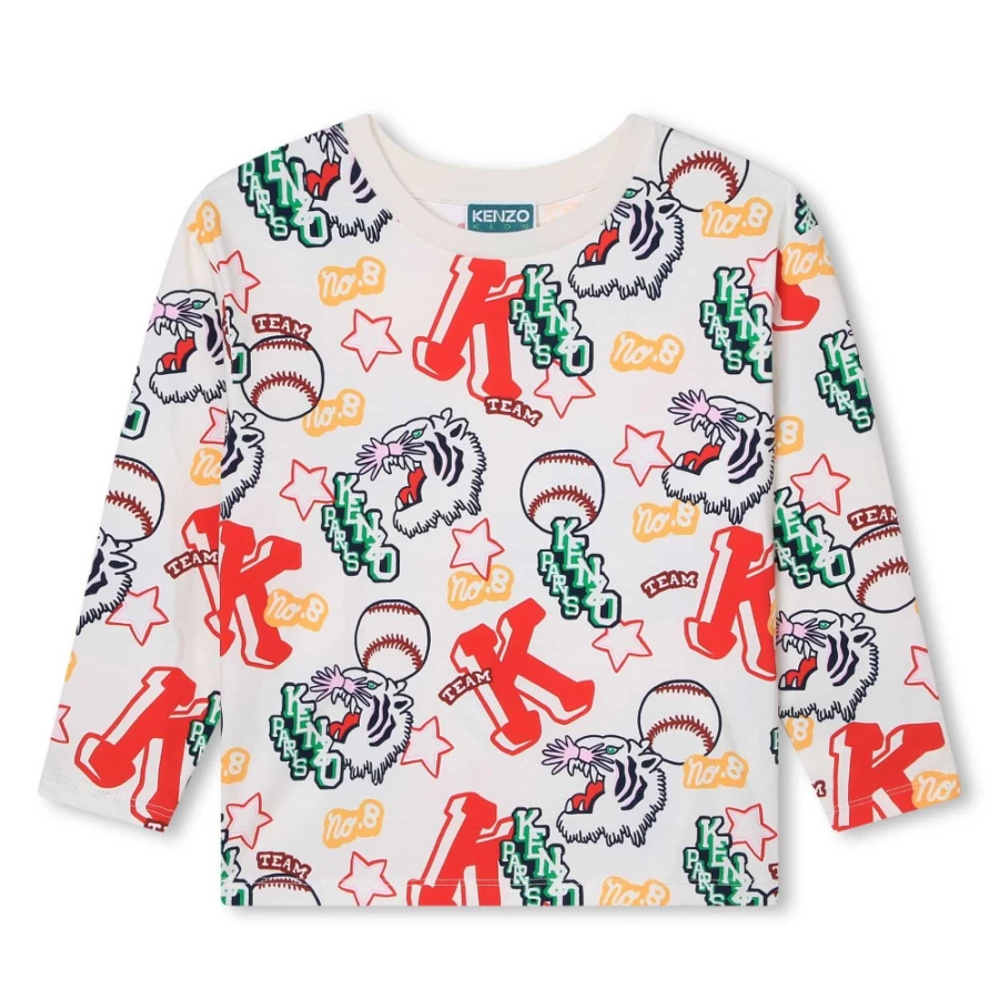 KENZO KIDS Girls Ivory Long-Sleeved T-Shirt - Elegant Cotton Top for Kids