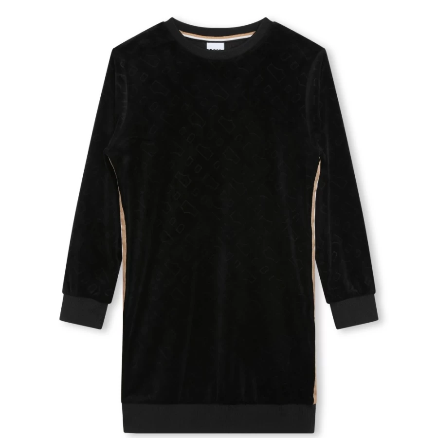 BOSS Girls' Black Velvet Long-Sleeved Dress
