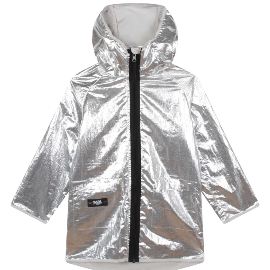 KARL LAGERFELD KIDS Reversible Waterproof Jacket for Girls - Stone Light Grey, Lightweight Windbreaker Raincoat