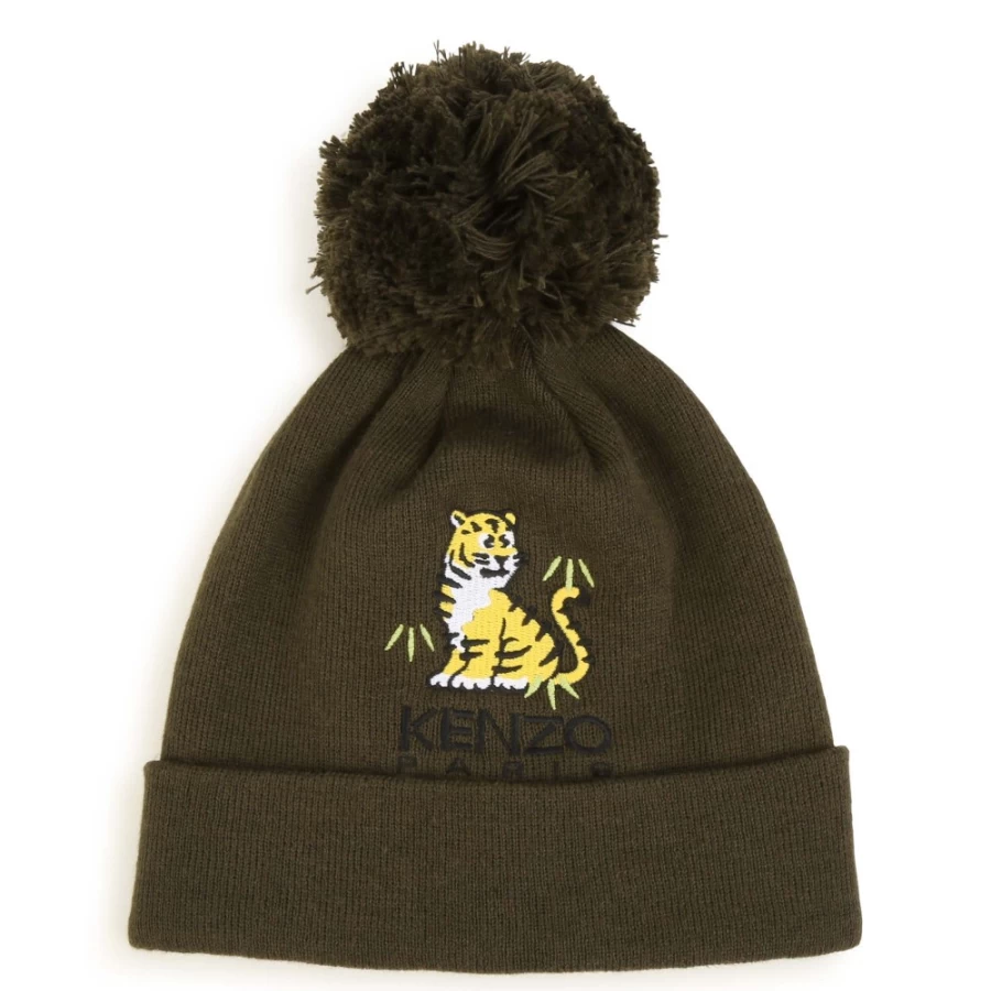 KENZO KIDS Girls' Khaki Cotton Cashmere Winter Hat for Kids