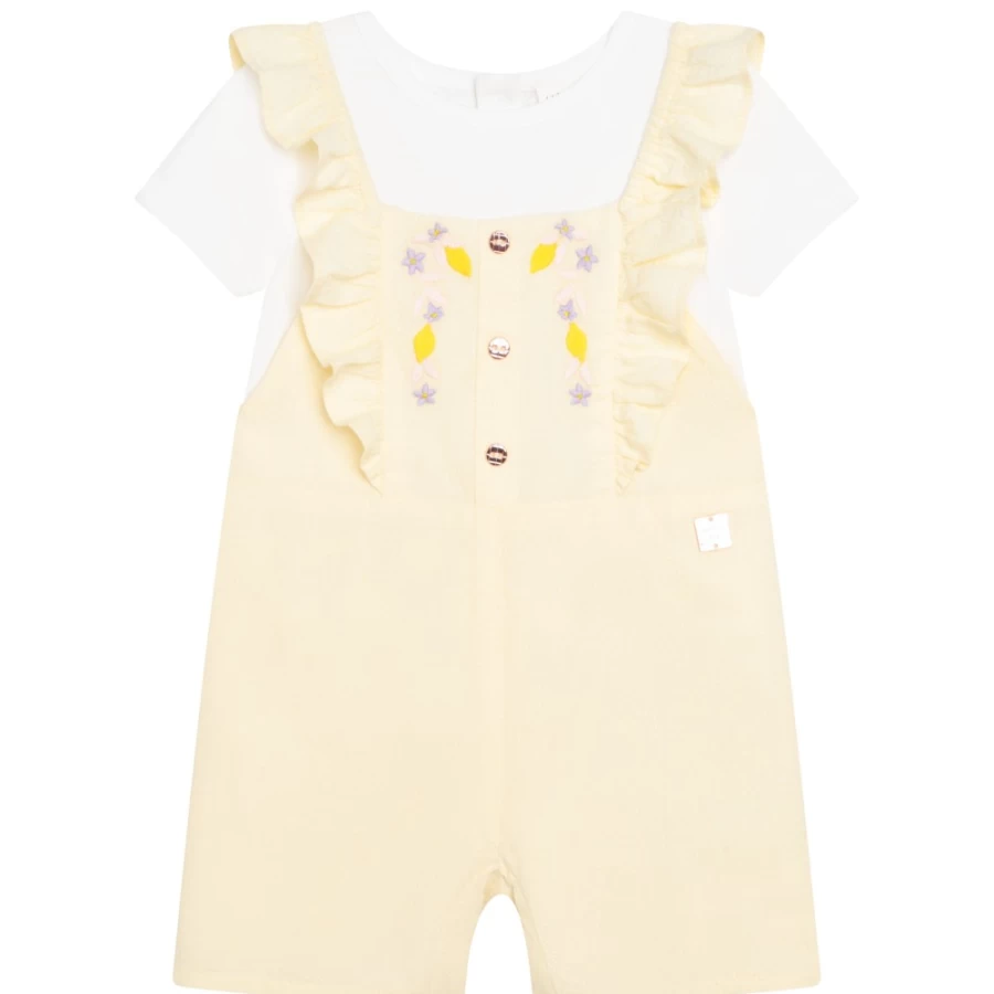 CARREMENT BEAU Girls' Cotton T-Shirt and Dungarees Set in White & Yellow