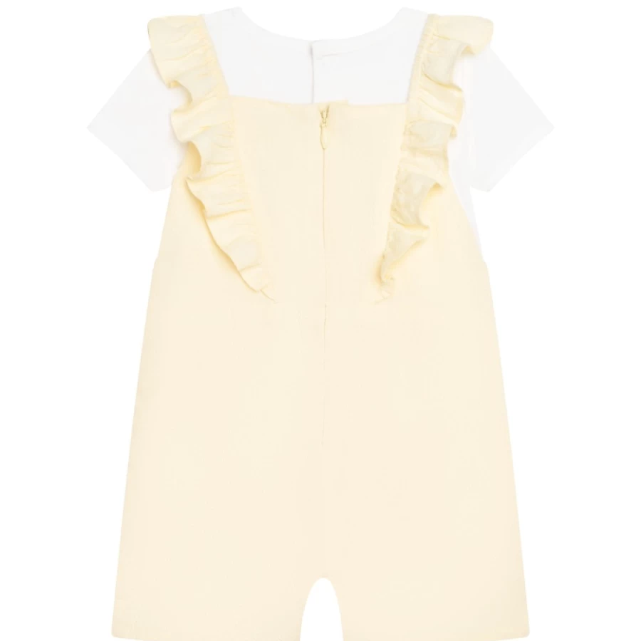 CARREMENT BEAU Girls' Cotton T-Shirt and Dungarees Set in White & Yellow