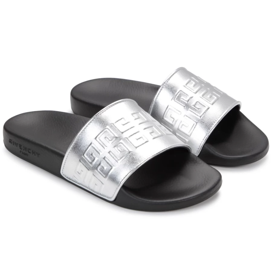 Givenchy Light Grey Metallic Sliders for Girls - Stylish & Comfortable Slide Sandals
