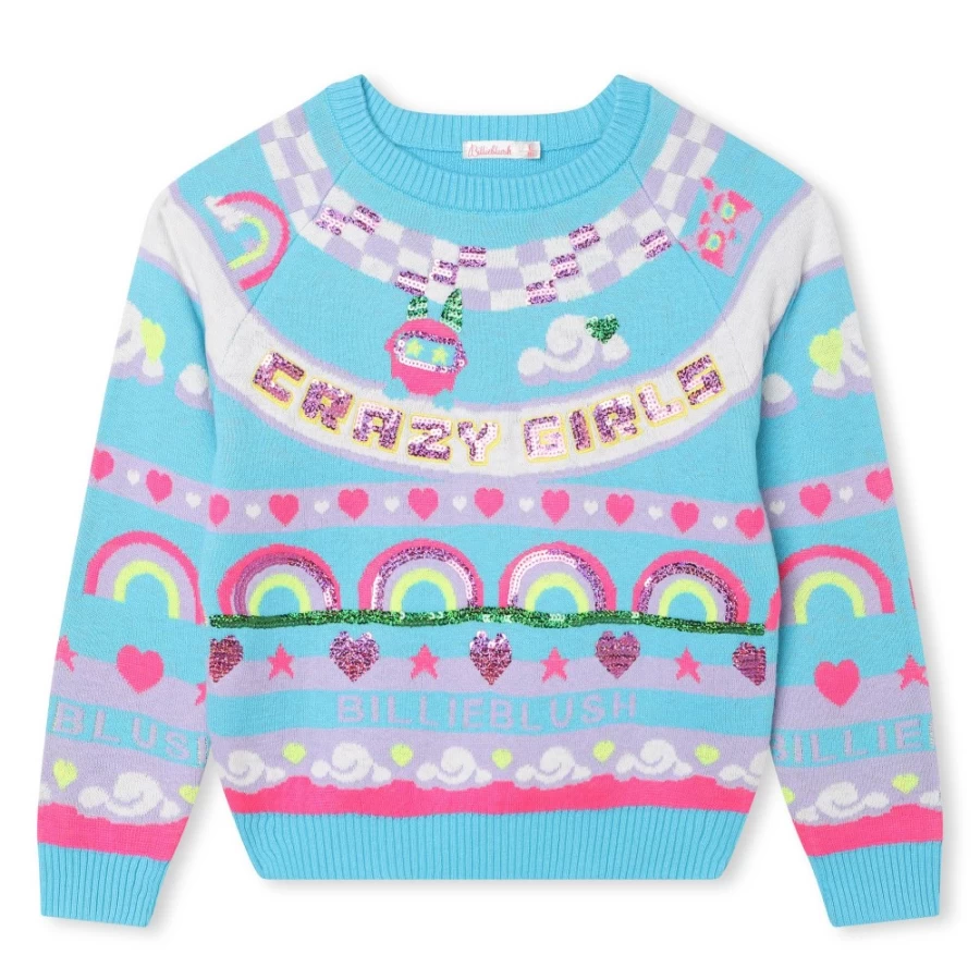 BILLIEBLUSH Blue Dish Knitted Christmas Jumper for Girls - Festive Holiday Sweater