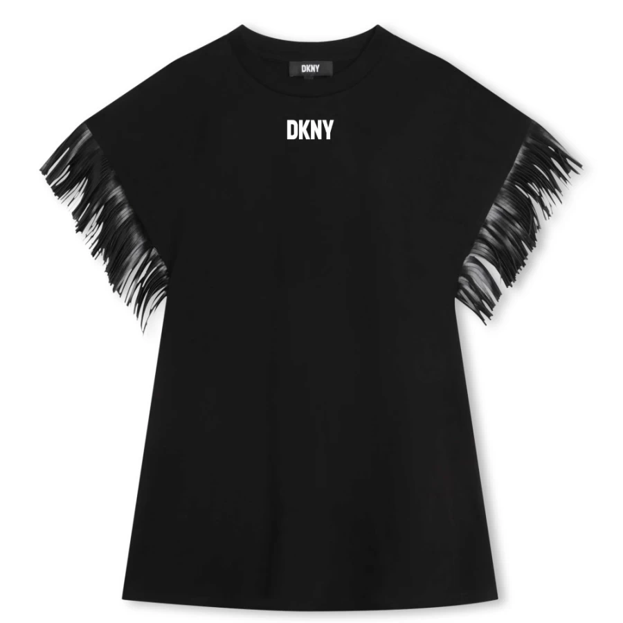 DKNY Black Short-Sleeve Fringed Dress for Girls