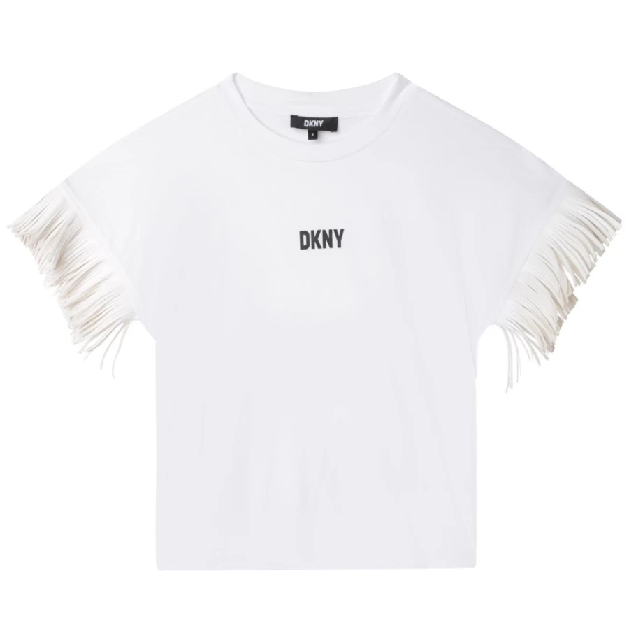 DKNY Girls' White Short-Sleeved Cotton T-Shirt - Casual Comfort Fit Tee for Kids