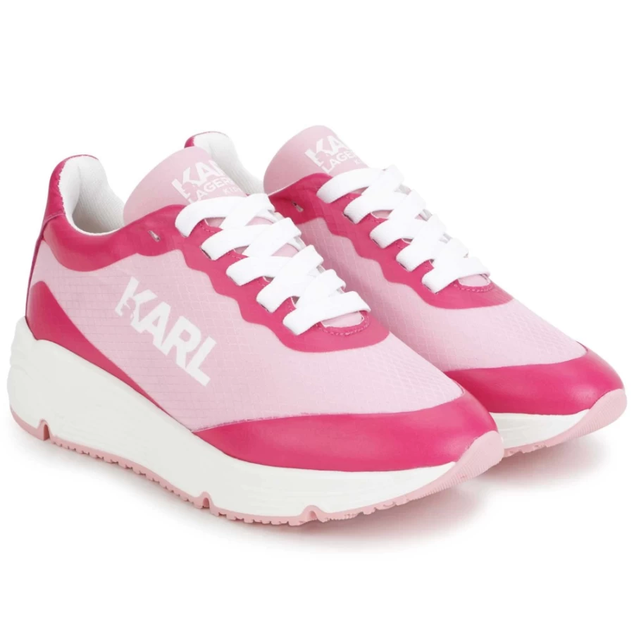 KARL LAGERFELD KIDS Pink Lace-Up Trainers for Girls - Dual-Fabric Design