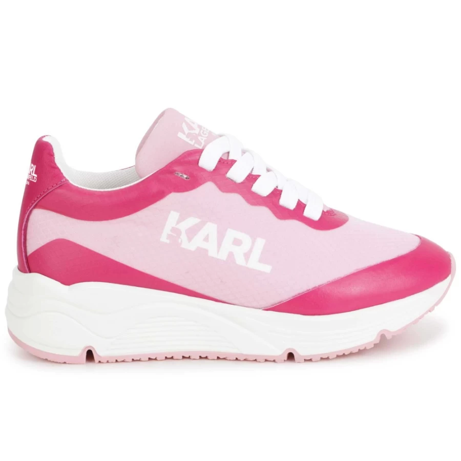 KARL LAGERFELD KIDS Pink Lace-Up Trainers for Girls - Dual-Fabric Design