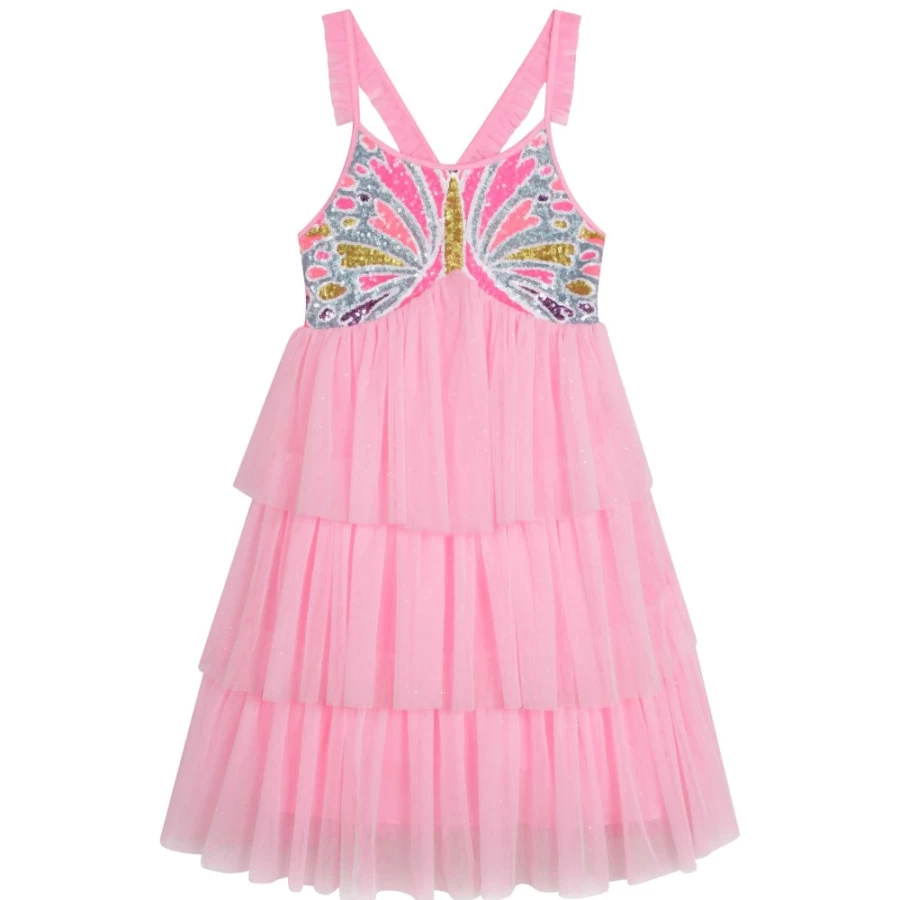 BILLIEBLUSH Pink Embroidered Tulle Party Dress for Girls - Elegant Floral Gown