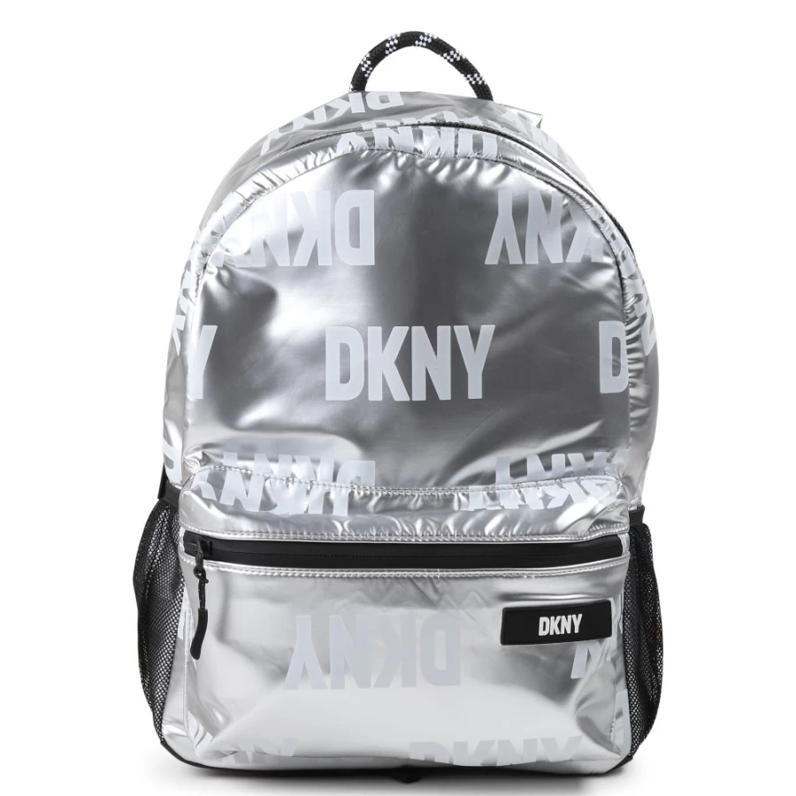 DKNY Light Grey Printed Backpack for Girls - Stylish & Functional with Multiple Pockets