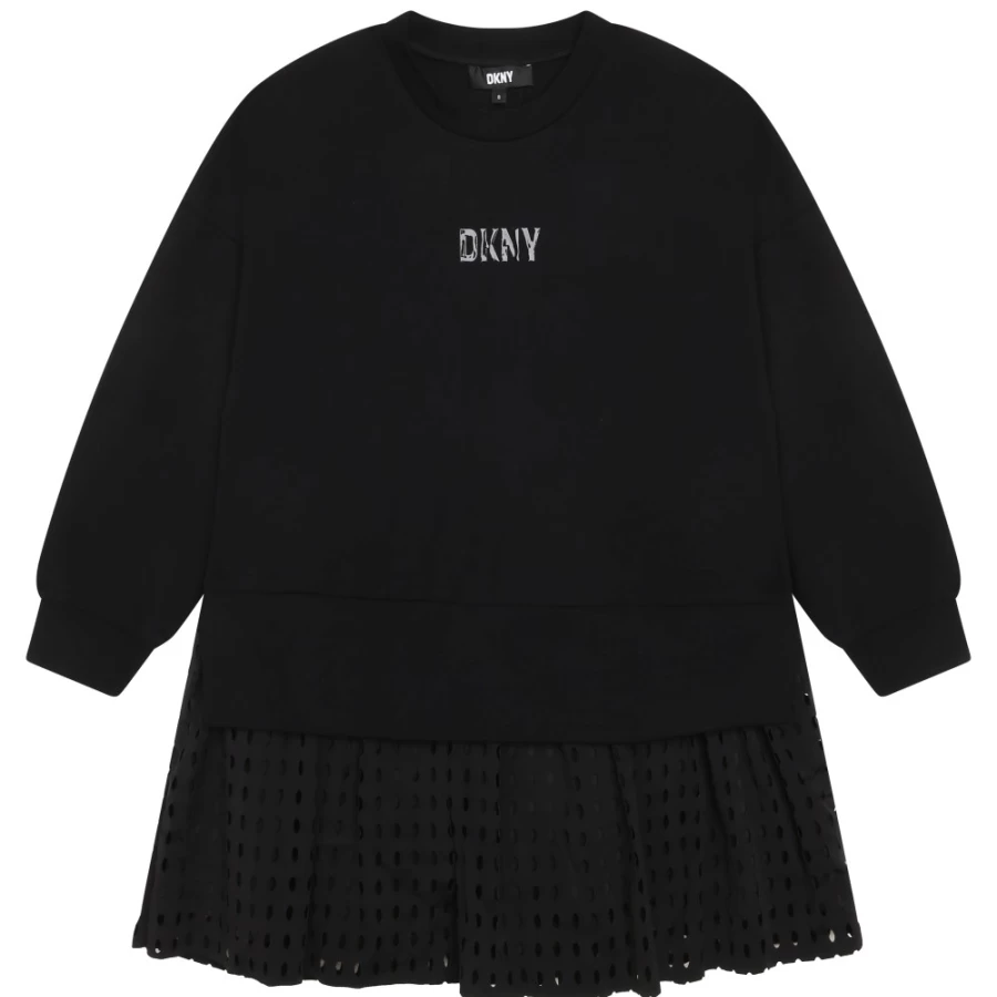 DKNY Girls' Black 2-In-1 Bi-Material Dress - Stylish & Comfortable Dual-Fabric Design