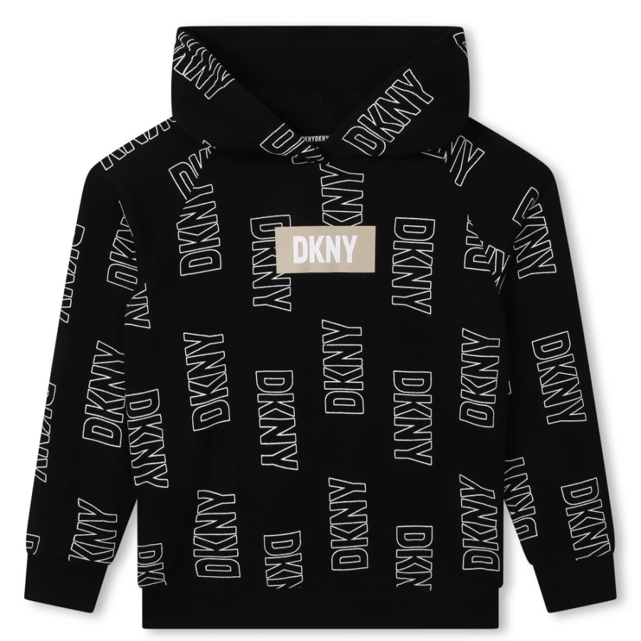 DKNY Girls Black Hooded Sweatshirt for Kids - Soft Cotton Pullover with Front Pocket