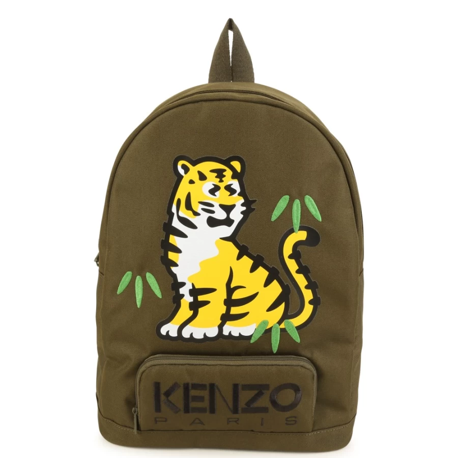 KENZO KIDS Khaki Embroidered Canvas Backpack for Girls - Stylish & Durable School Bag