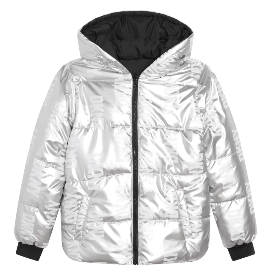 DKNY Reversible Light Grey Waterproof Puffer Jacket for Girls