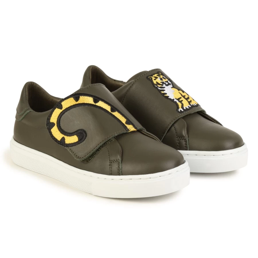 KENZO KIDS Girls' Khaki Embroidered Leather Sneakers for Stylish Comfort