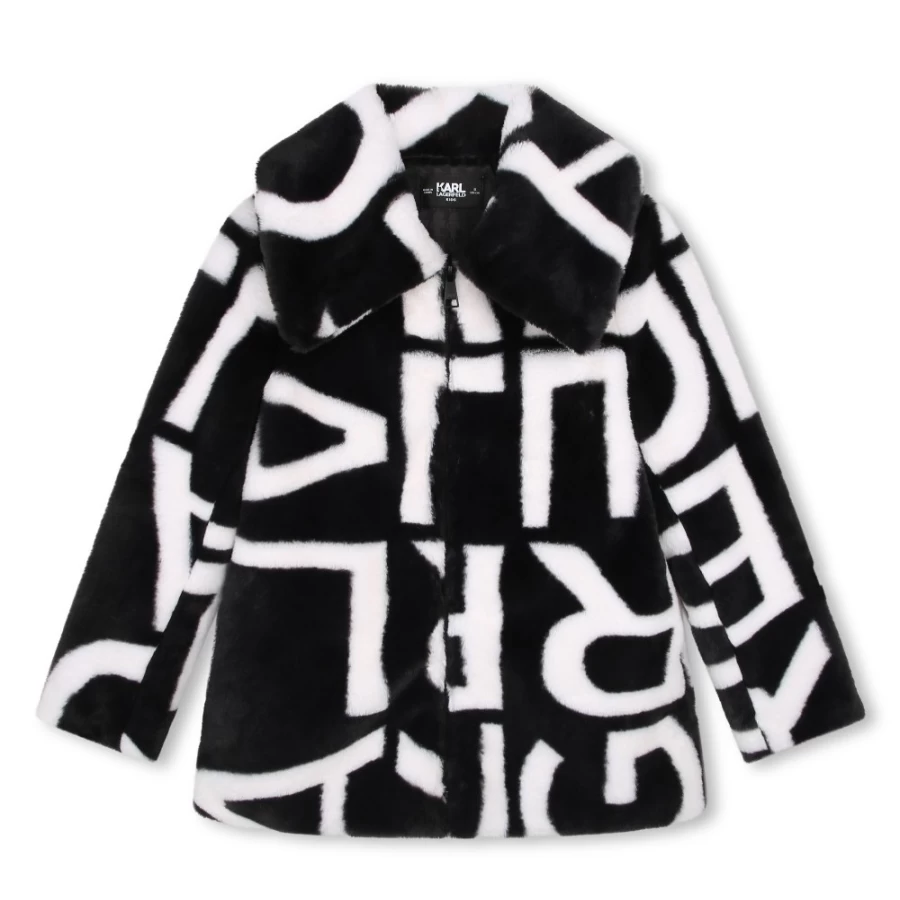 KARL LAGERFELD KIDS Girls Black White Printed Fluffy Jacket for Winter