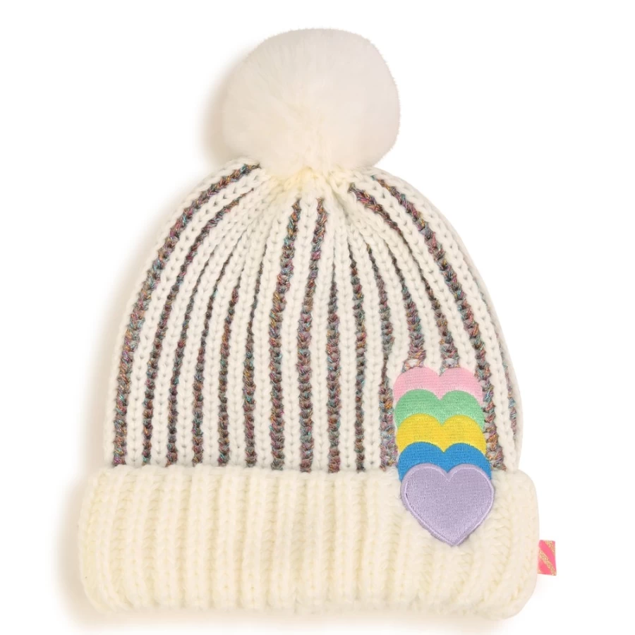 BILLIEBLUSH Ivory Striped Beanie With Hearts for Girls - Soft Knit Winter Hat