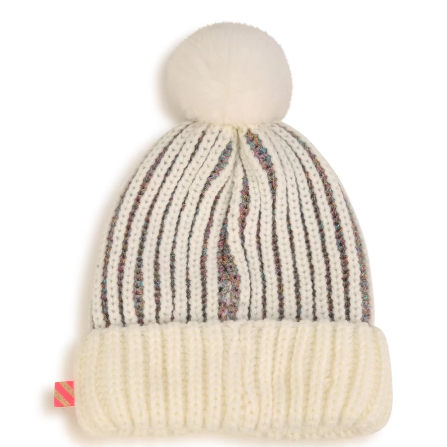BILLIEBLUSH Ivory Striped Beanie With Hearts for Girls - Soft Knit Winter Hat