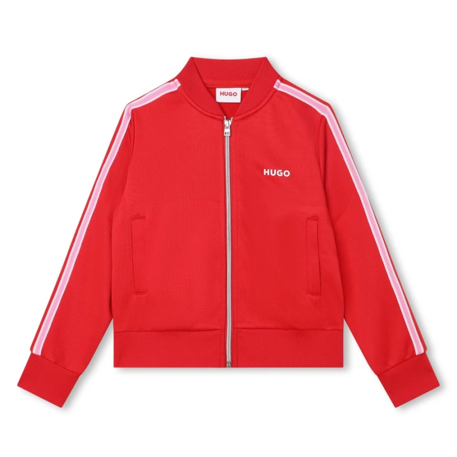 HUGO Girls' Bright Red Fleece Jogging Cardigan - Cozy Athletic Zip-Up Jacket